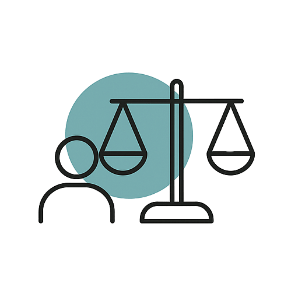Pictogramme d'une balance de la justice à côté d'une personne